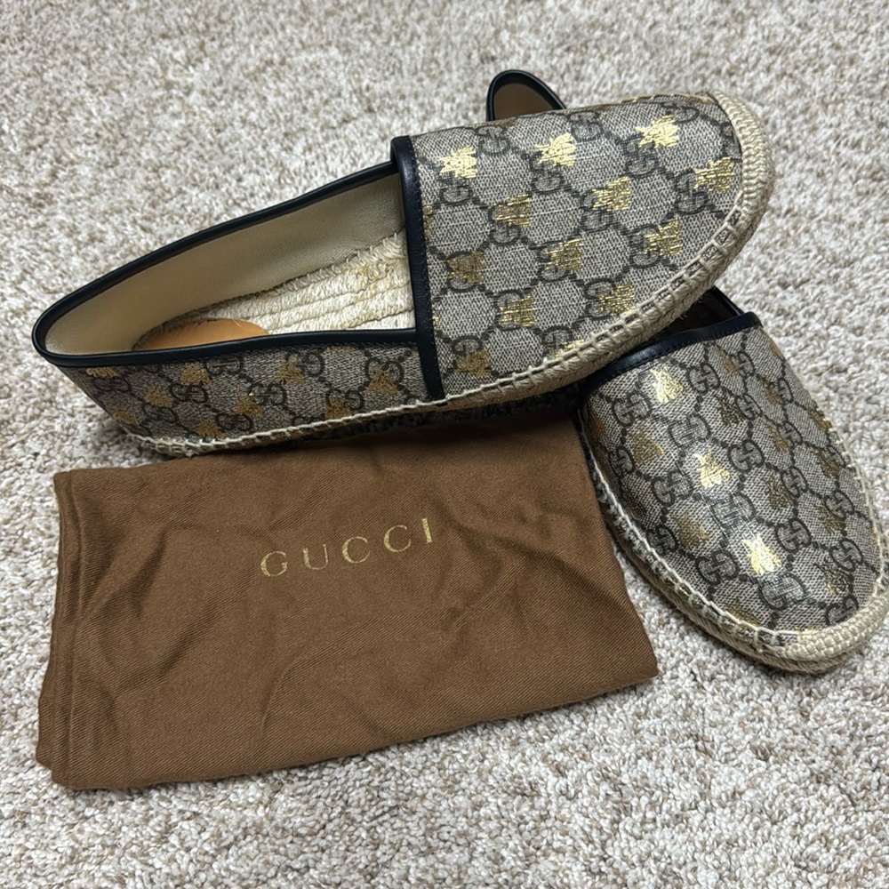 Gucci Gold and Gray Espadrilles with Signature Bee Design